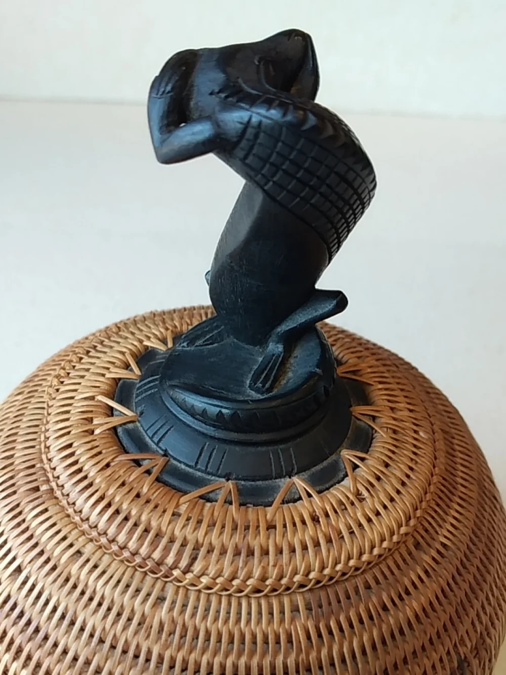 Fine Weaved Wicker Basket With Lid-Carved Wood Lizzard Handle, From Jakarta-Boho